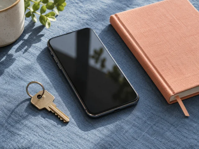Smartphone mit dunklem Bildschirm neben einem geschlossenen Notizbuch und einem Schlüssel