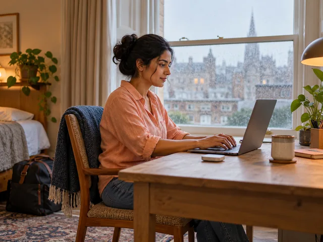 Frau arbeitet mit Laptop und mobilem Hotspot in einer zeitweisen Arbeitsumgebung.