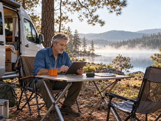 Reisender nutzt einen kleinen mobilen Hotspot an einem Campingtisch.