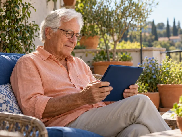 Älterer Mann verwendet sein Tablet auf einer sonnigen Terrasse.