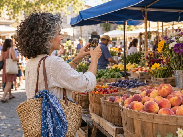 Frau hält einen Alltagsmoment auf einem Wochenmarkt mit dem Smartphone fest.