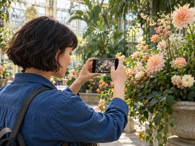 Frau fotografiert Blumen mit einem unmarkierten Smartphone.