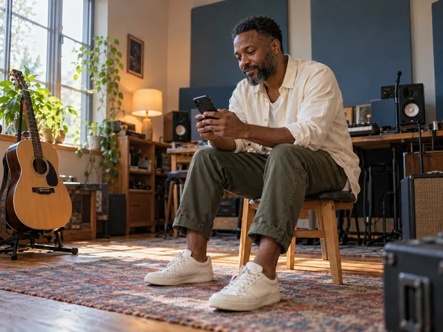 Mann sieht sich in einer Musikwerkstatt eine Aufnahme auf dem Smartphone an.