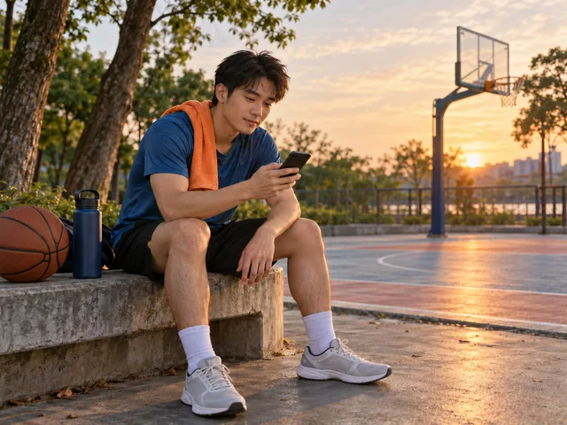 Junger Mann nutzt sein Smartphone nach dem Sport am Parkrand.