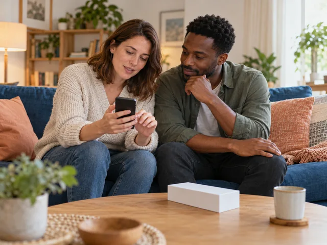 Zwei Personen betrachten gemeinsam ein neues Smartphone am Wohnzimmertisch.