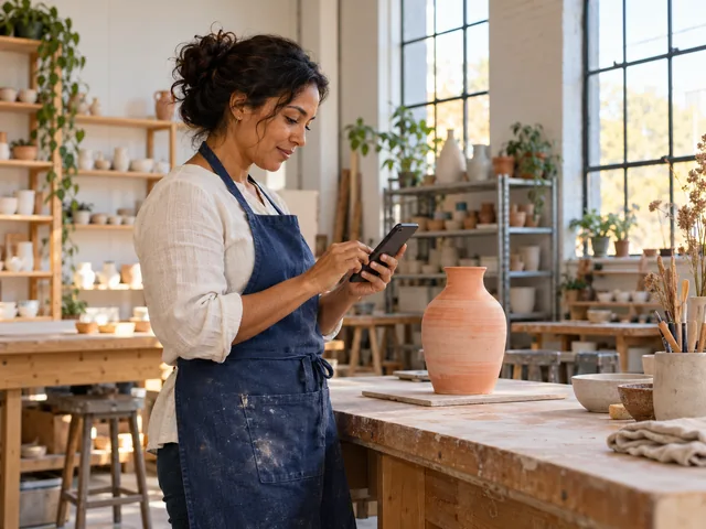 Frau nutzt ihr Smartphone in einem hellen Gemeinschaftsatelier.
