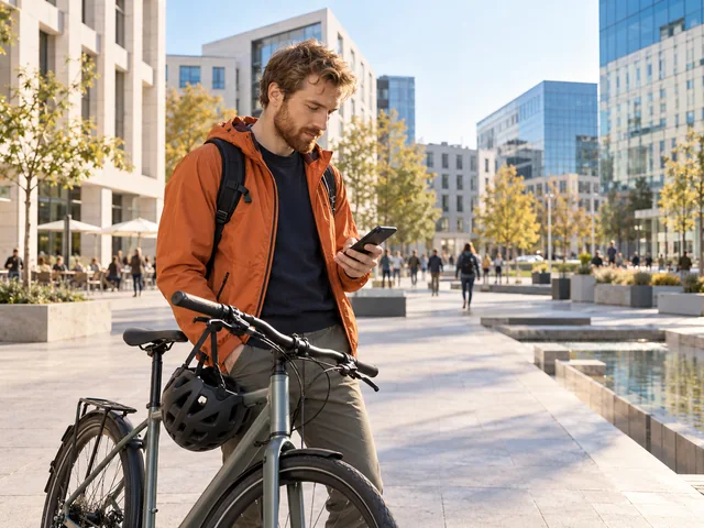 Radfahrer prüft sein Smartphone neben dem Fahrrad in einem modernen Stadtviertel.
