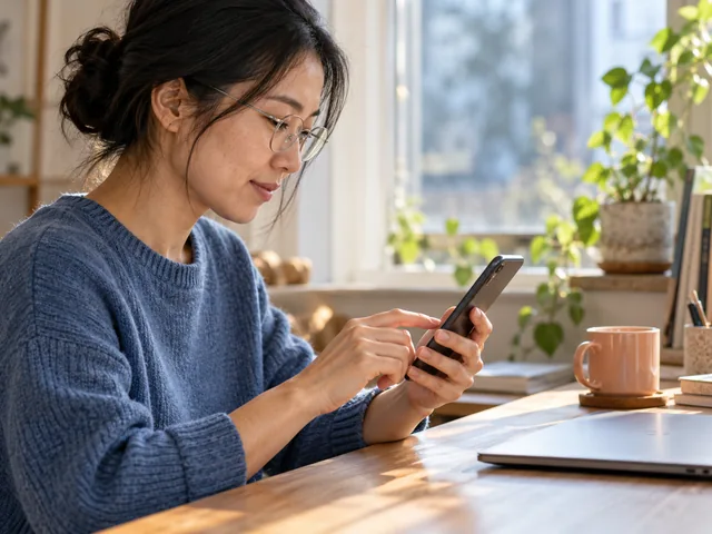Frau richtet ihr Smartphone an einem ruhigen Schreibtisch ein.