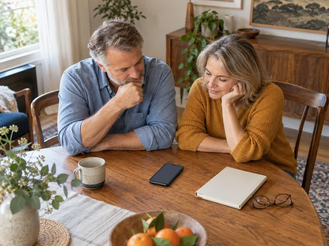 Paar plant am Esstisch und vergleicht Informationen auf einem Smartphone.
