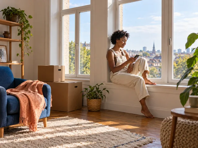 Frau nutzt ihr Smartphone zwischen Umzugskartons in einer neuen Wohnung.