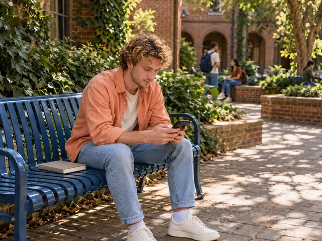 Junger Mann schaut im Universitätsgarten auf sein Smartphone.