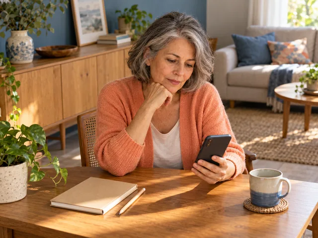 Frau schaut auf ihr Smartphone und ordnet ihre Unterlagen.