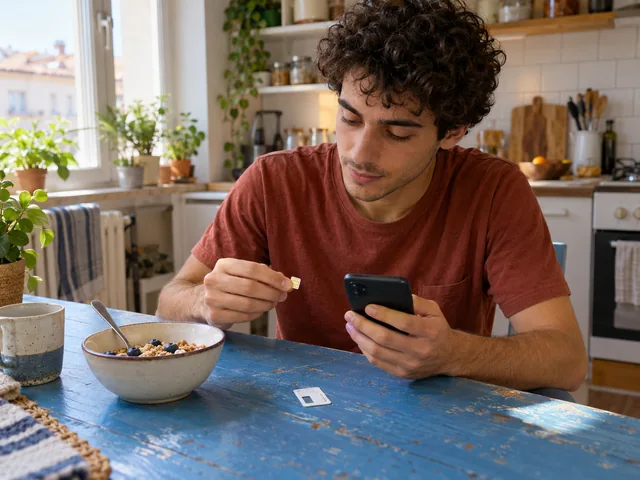 Junger Mann mit Smartphone und SIM-Karte an einem Küchentisch.