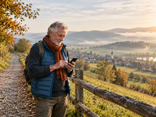 Wanderer nutzt sein Smartphone auf einem Weg durch sanfte Hügel.