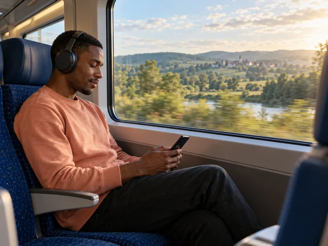 Reisender schaut mit Kopfhörern auf sein Smartphone im Zug.