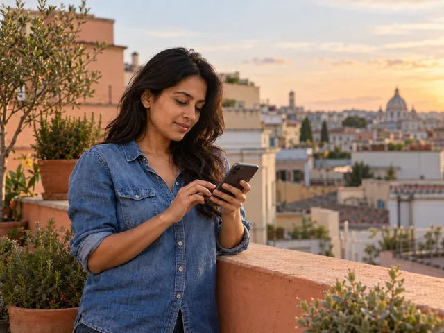 Frau nutzt ihr Smartphone auf einer städtischen Dachterrasse.