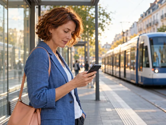 Frau betrachtet ihr Smartphone an einer sonnigen Straßenbahnhaltestelle.