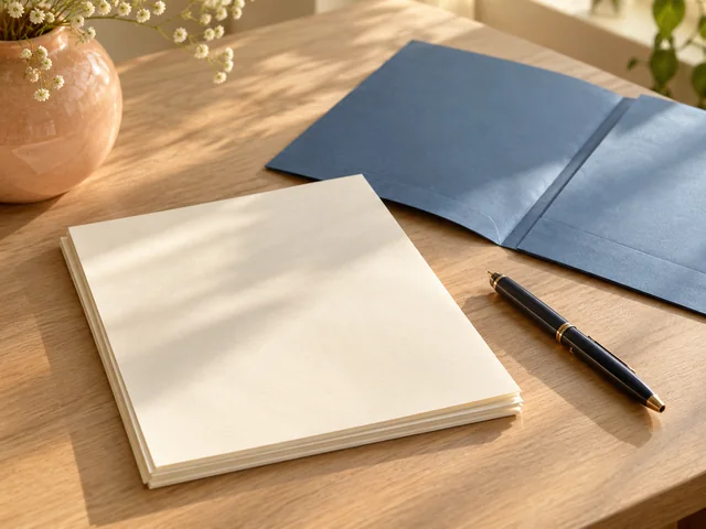Schlichte Unterlagen und ein Stift auf einem aufgeräumten hellen Schreibtisch