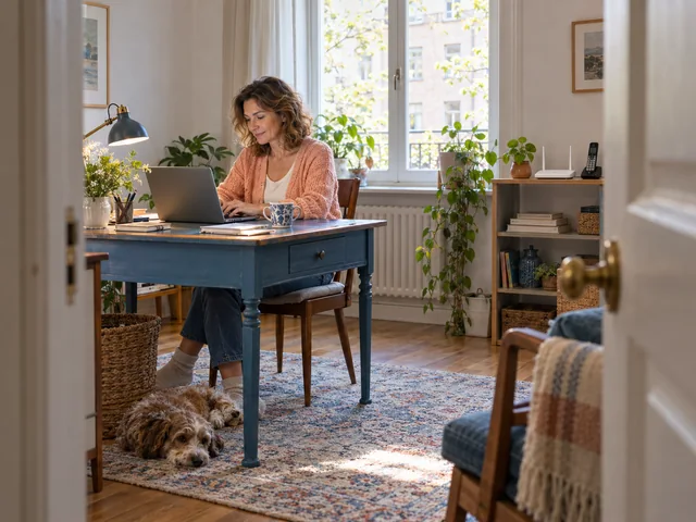 Person arbeitet im Homeoffice mit Router und Festnetztelefon im Hintergrund.