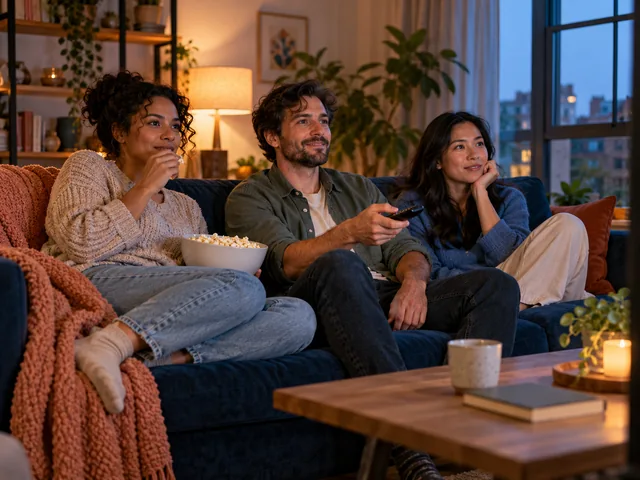 Freunde verbringen einen gemütlichen Filmabend im Wohnzimmer.