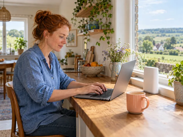 Frau nutzt mobiles Internet in einem Haus am grünen Ortsrand.