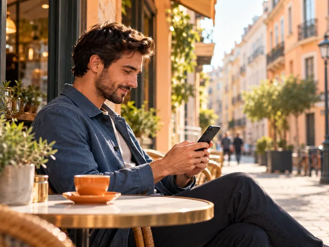 Symbolbild: Mann nutzt ein Smartphone vor einem städtischen Café