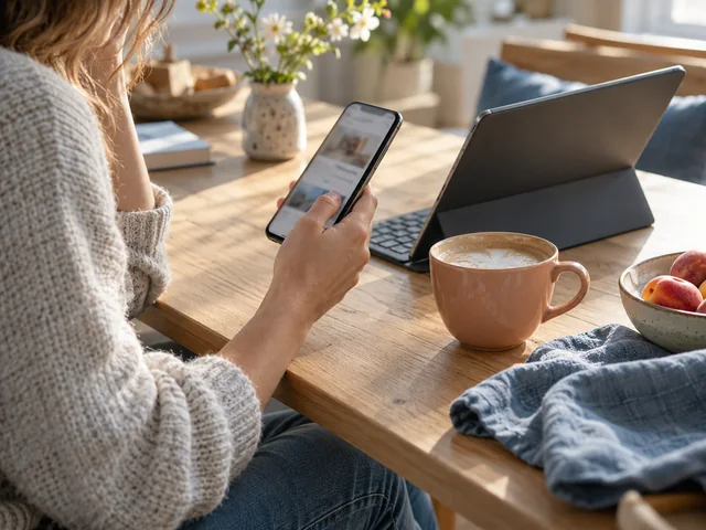 Eine Person nutzt ihr Smartphone neben einem Tablet und einer Tasse an einem hellen Tisch