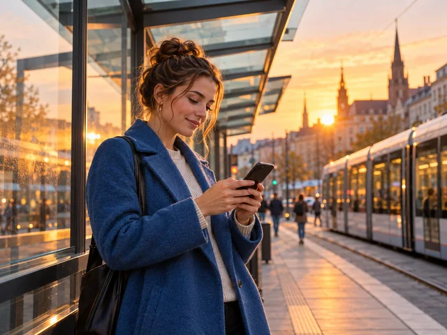 Frau nutzt ihr Smartphone an einer modernen Haltestelle