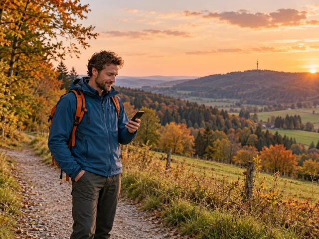 Wanderer prüft sein Smartphone auf einem Weg am Waldrand
