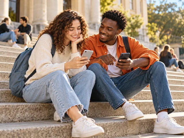 Zwei junge Erwachsene vergleichen auf einer Treppe ihre Smartphones