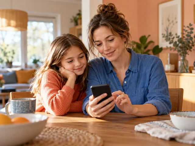 Mutter und Kind schauen gemeinsam auf ein Smartphone