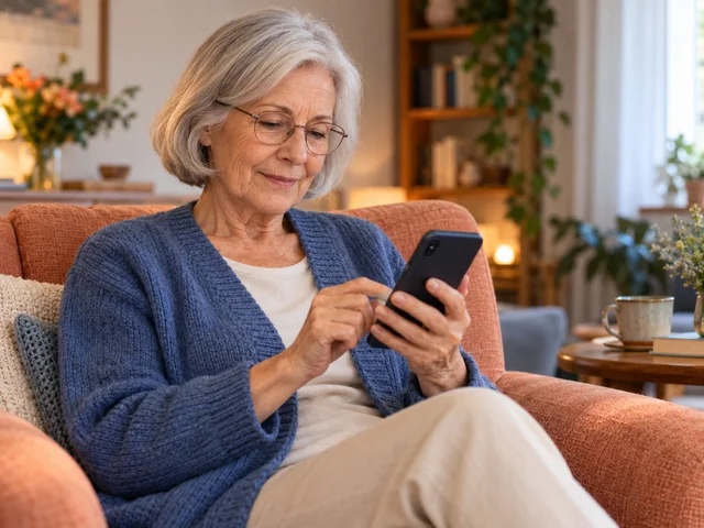 Ältere Frau nutzt entspannt ihr Smartphone im Wohnzimmer