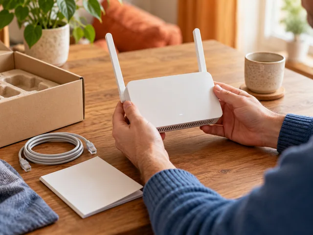 Hände prüfen einen schlichten Router auf einem Arbeitstisch