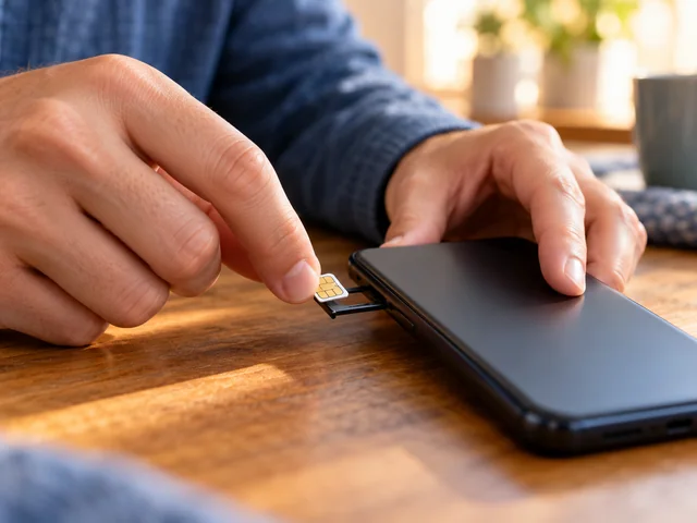 Hände setzen eine SIM-Karte in ein Smartphone ein