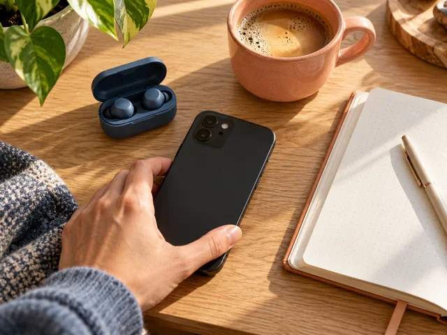 Smartphone und Kopfhörer auf einem Schreibtisch neben einem Notizbuch