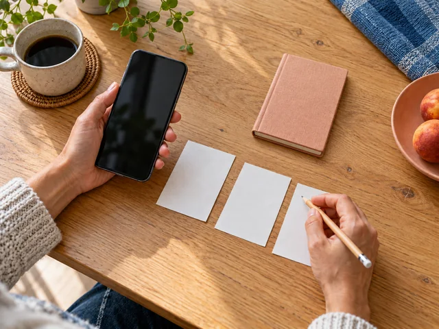 Hände betrachten ein Smartphone neben leeren Karten, einem Stift und einem Notizbuch